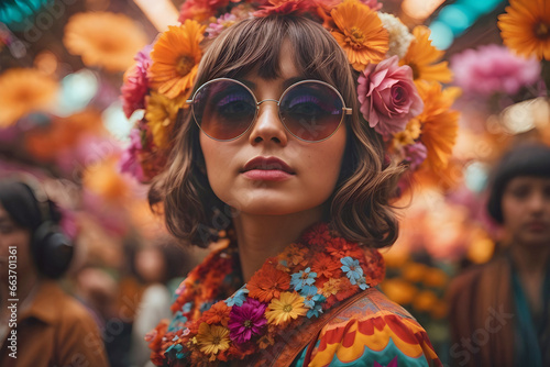 Very Hip Flower Power Retro Woman with Cool Round Sunglasses with a Colorful Bokeh Background © William Harding