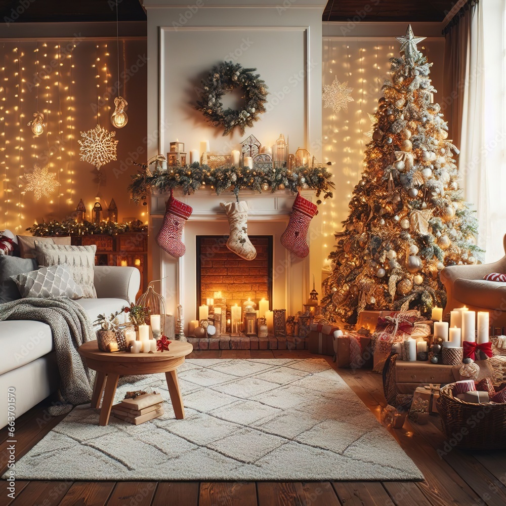 Christmas holiday adorned cozy living room