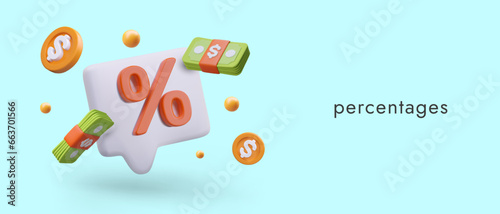 Concept of interest rate. 3D vector composition. Commentary with percentage sign, paper and metal money. Coins and banknotes. Tax payments. Horizontal layout for web design