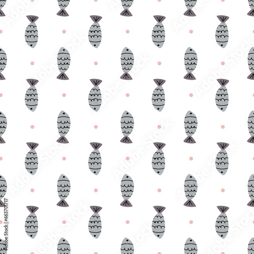 Hand drawn vector seamless cartoon fish pattern 