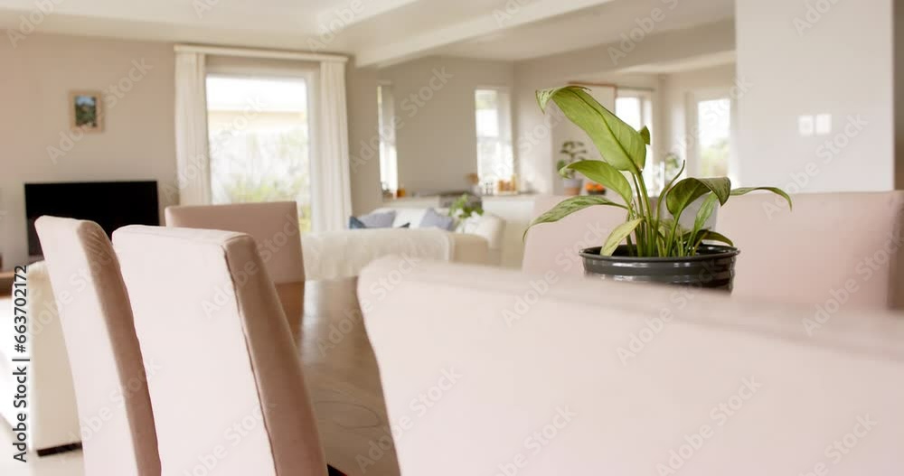 General view of light modern interiors with dining room table and chairs, copy space, slow motion General view of light modern interiors with dining room table and chairs, copy space, slow motion