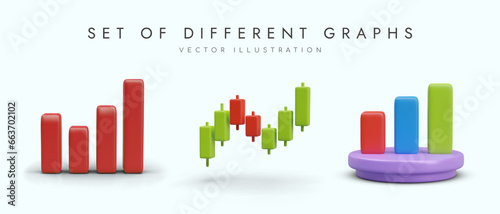 Set of vector diagrams of different types. Bar chart, stock trading, podium chart. Color vector illustration. Tools for control, collection of statistical data