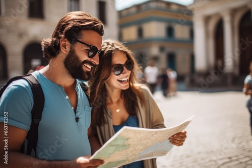 Joyful 30 - year - old aged couple, a man and woman looking for direction in the city, they are holding a map. Fun, friends, travel and tourism concept.