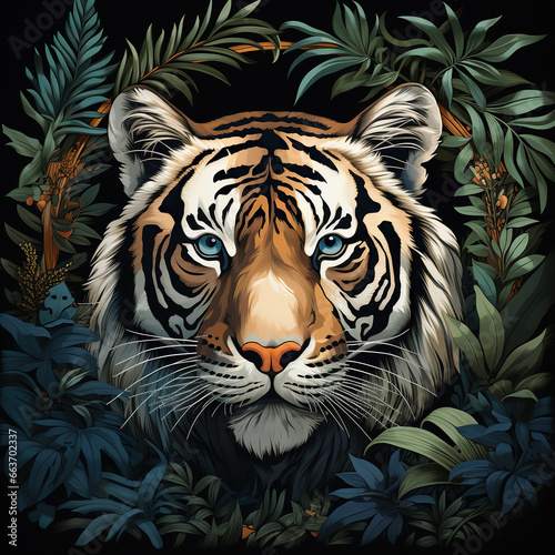 Jungle Majesty  A Tiger s Gaze Amidst Tropical Splendor Vintage illustration of a tiger and plants