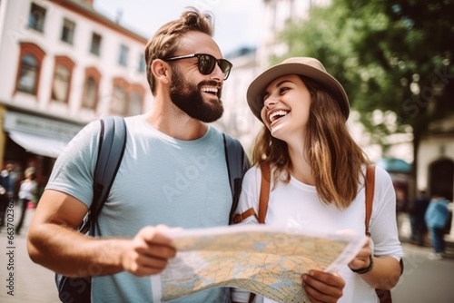 Joyful 30 - year - old aged couple, a man and woman looking for direction in the city, they are holding a map. Fun, friends, travel and tourism concept. © radekcho