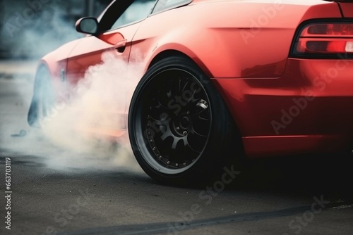 Sporty tire burning with smoke during drifting with fiery red brakes. Generative AI