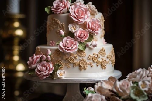 Beautiful wedding cake adorned with sugar roses. Generative AI