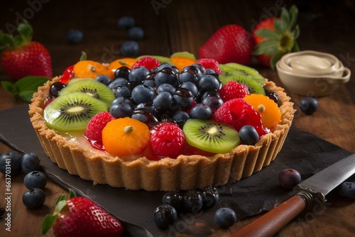 Healthy dessert made with fresh fruits on homemade crust. Generative AI