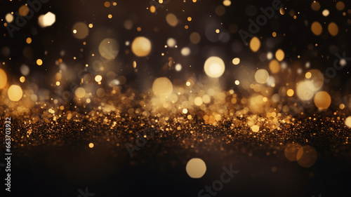 Glistening golden particles illuminate a dreamy backdrop of soft bokeh lights  exuding an aura of elegant enchantment and festive serenity.