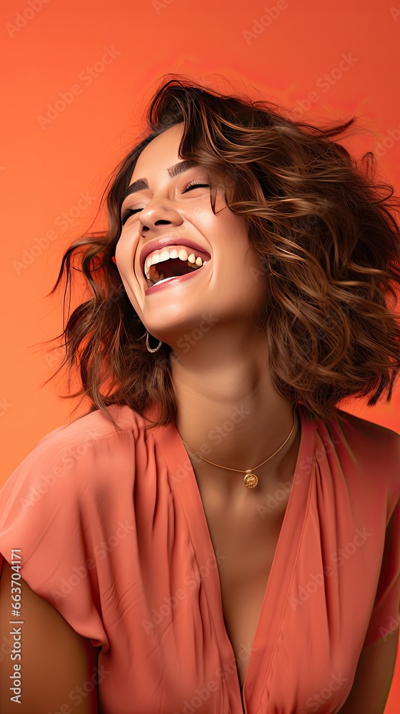 Cheerful Coral: The model is laughing openly, with a broad smile, against a refreshing coral-toned backdrop