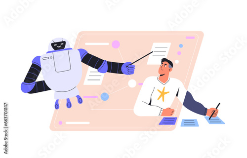 Neural networks concept. Machine learning. Artificial intelligence teacher explain data. AI robot help man to study information. Education using technology. Flat isolated vector illustration on white