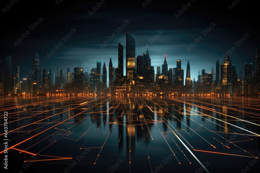 An abstract image featuring a city skyline at night overlaid with a circuit board-like digital grid, symbolizing the integration of technology into urban environments. Photorealistic illustration
