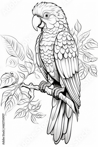 coloring page of a parrot or macaw in a line art hand drawn style for kids