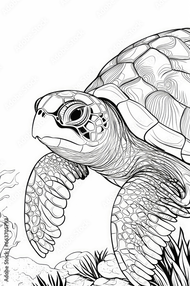 Fototapeta premium coloring page of a sea turtle in underweater scene line art hand drawn style for kids