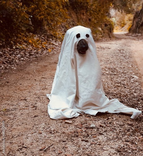 Adorable little dog sitting in the middle of sand road in autumn forest in ghost costume. 