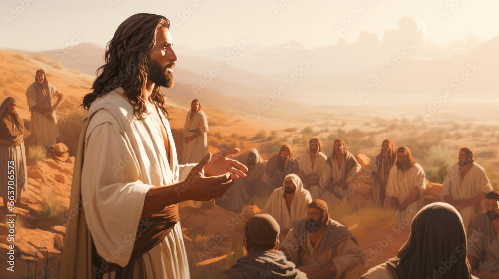 Fototapeta premium Illustration of Jesus Christ the Son of God teaching by parables and preaching to the people in the nature Generative AI