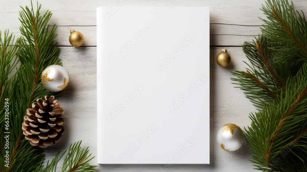 Christmas mockup white card template background with xmas festive seasonal decoration ornaments Generative AI Illustration