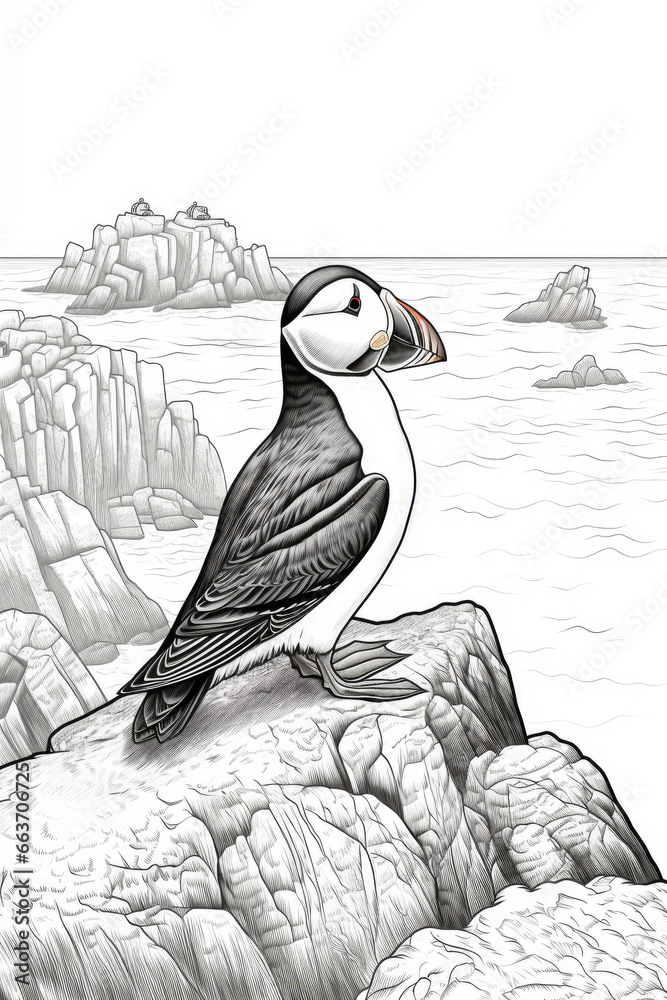 coloring page of an atlantic puffin in a line art hand drawn style for ...