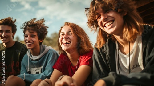 Happy group of teenagers spending time together in a group outdoors. Created with Generative Ai technology.