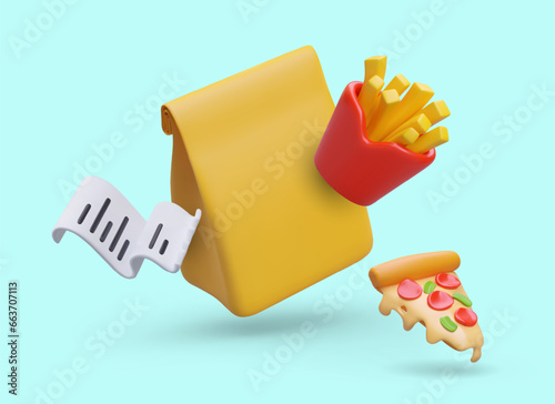 Yellow paper bag, french fries, slice of hot pizza, cash receipt. Concept of buying street food. Placement and payment of take out order. Bright vector advertising in cartoon style