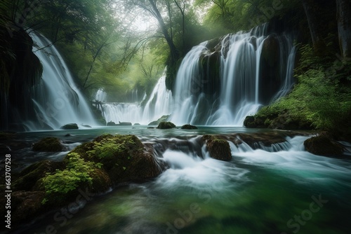 Beautiful waterfall in deep forest at Plitvice Lakes National Park in Croatia