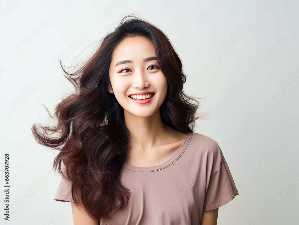 Asian woman smiling on white background