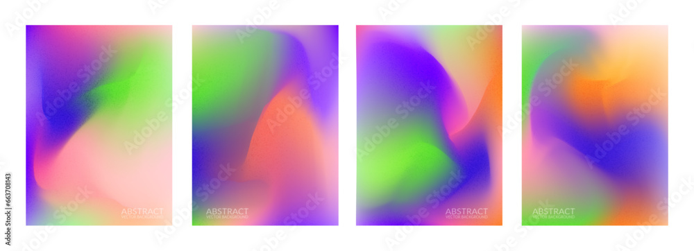 Abstract noise light blur gradient background. Color wallpaper grainy fluid effect. Holographic multicolor textured poster design. Bright granular dynamic grain. Purple green orange pink surface