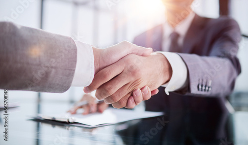 Handshake of two businessmen who enters into the contract to develop a new software