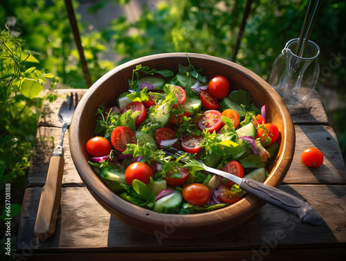 Sunlit Fresh Garden Salad in Wooden Bowl on Rustic Table with Cutlery and Glass Pitcher