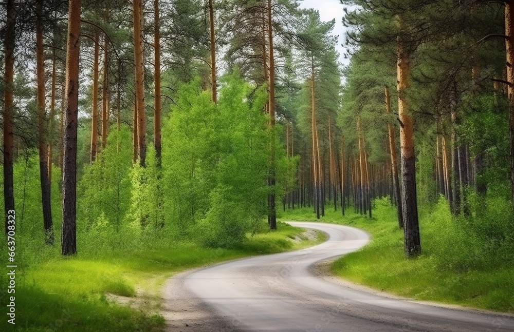 Fototapeta premium Beautiful spring landscape with road in the pine forest and green grass