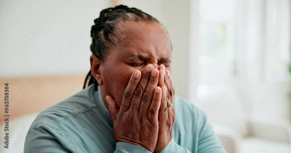 Tired African woman, rub face and retirement with fatigue, mental health and remember with burnout in bedroom. Elderly lady, anxiety and exhausted on bed with memory, ideas and worry in nursing home Tired African woman, rub face and retirement with fatigue, mental health and remember with burnout in bedroom. Elderly lady, anxiety and exhausted on bed with memory, ideas and worry in nursing home