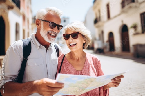 Senior couple, a man and woman looking for direction in the city, they are holding a map. Fun, friends, travel and tourism concept.