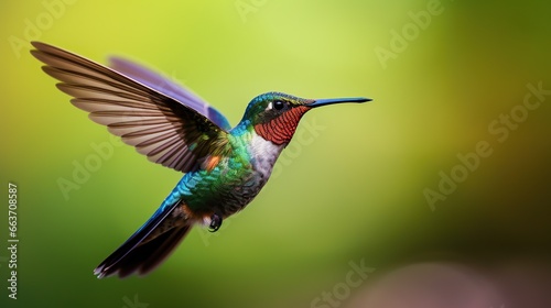 Wide-billed Hummingbird .Hummingbird, in flight facing away from the camera with colorful flowers in the background. photo