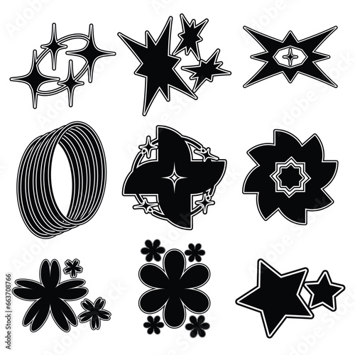 Vector Graphic Assets Set. Bold modern Shapes for Posters Template, flyers, clothes, social media, graphic design, sticker, In Y2k style, Futuristic, Anti-design, Digital Collage, Retro Futurist.