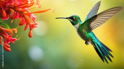 Wide-billed Hummingbird .Hummingbird, in flight facing away from the camera with colorful flowers in the background.