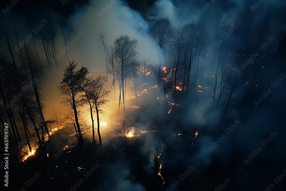 Fototapeta premium Forest fire in progress. Fire. Large flames. a threat to our environment. Aerial view of massive wildfire or forest fire with burning trees and orange smoke. Generative AI.