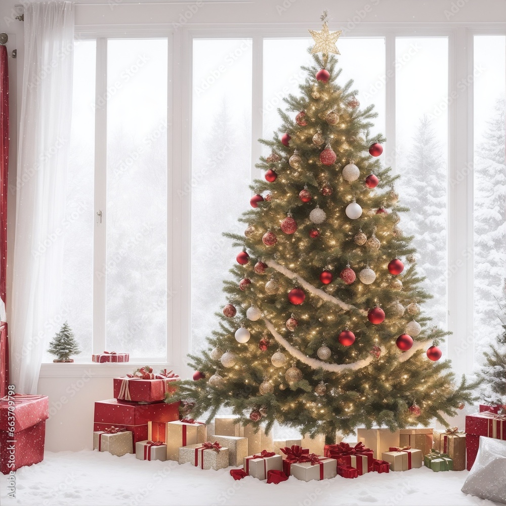 christmas tree with gifts in a decorated room.outdoor snowing . Cold view in december . Happy house windows home.