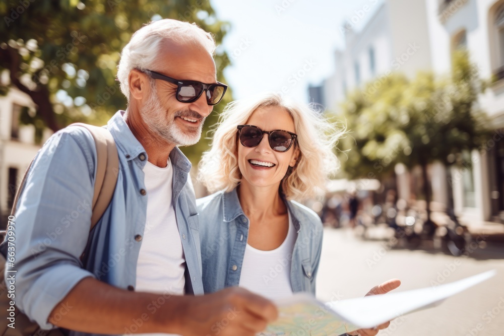 Fototapeta premium Senior couple, a man and woman looking for direction in the city, they are holding a map. Fun, friends, travel and tourism concept.