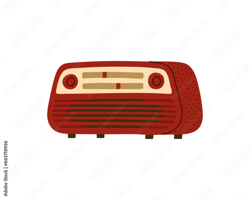 Fototapeta premium Vintage radio receiver in red. Retro technique. Hand-drawn doodle illustration.