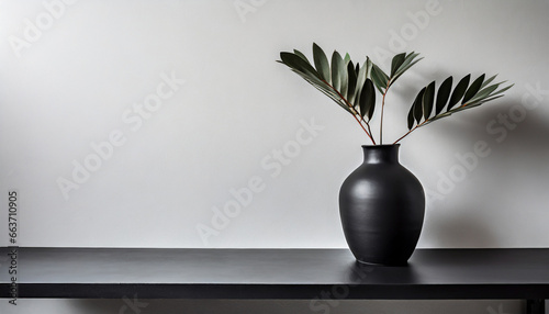 A plant in a black vase placed on a shelf against a white wall with a black table top underneath