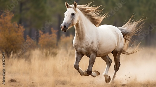 Horses running in the meadow . Horse with long mane run gallop 