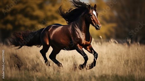 Horses running in the meadow . Horse with long mane run gallop, © ellisa_studio