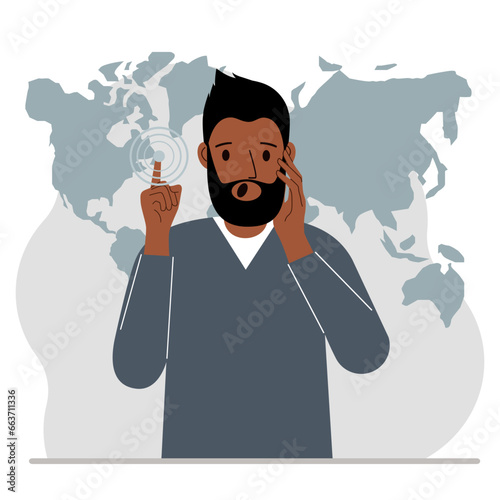 A man presses his finger on a virtual map of the world. Future, cyber.