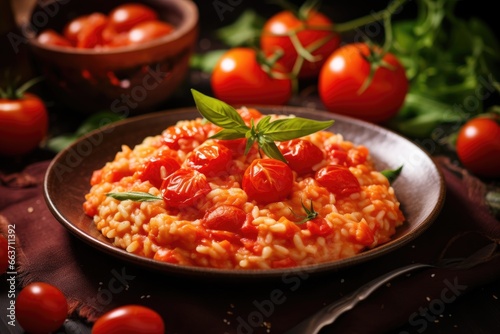 An Italian Classic: Risotto al Pomodoro Featuring Creamy Arborio Rice and Roasted Cherry Tomatoes, A Savory Homemade Dinner.