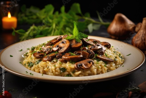 Savor the Classic Comfort of Risotto ai Funghi: A Creamy Italian Delight Made with Arborio Rice, Mushrooms, and Parmesan - A Gourmet Homemade Treat.

