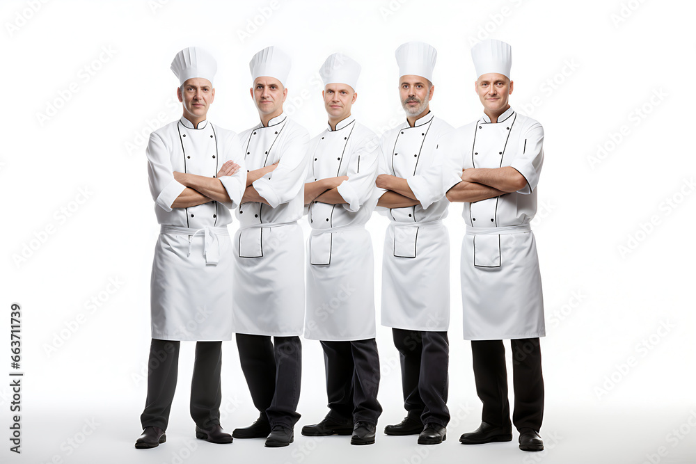 The head chef, leading the professional culinary team, stands with the team, arms folded, against an isolated white backdrop. Generative AI. The head chef, leading the professional culinary team, stands with the team, arms folded, against an isolated white backdrop. Generative AI.