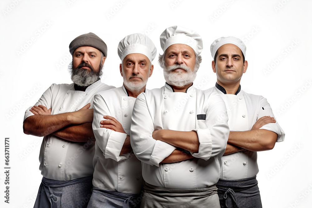 The head chef, leading the professional culinary team, stands with the team, arms folded, against an isolated white backdrop. Generative AI.