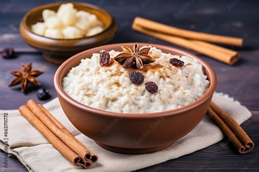 A Traditional Homemade Dessert - Creamy Rice Pudding with Cinnamon and Raisins, Served in a Bowl on a Lilac Background, Ready to Delight Your Taste Buds A Traditional Homemade Dessert - Creamy Rice Pudding with Cinnamon and Raisins, Served in a Bowl on a Lilac Background, Ready to Delight Your Taste Buds