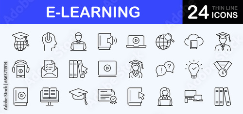 E-learning web icons set. Online education - simple thin line icons collection. Containing video tuition, digital education, learning, online course, website, webinar and more. Simple web icons set