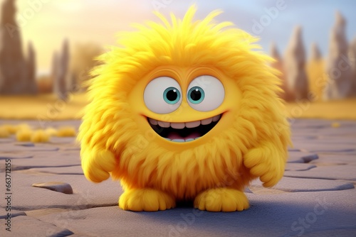 Cute yellow furry monster with a sweet smile and big eyes